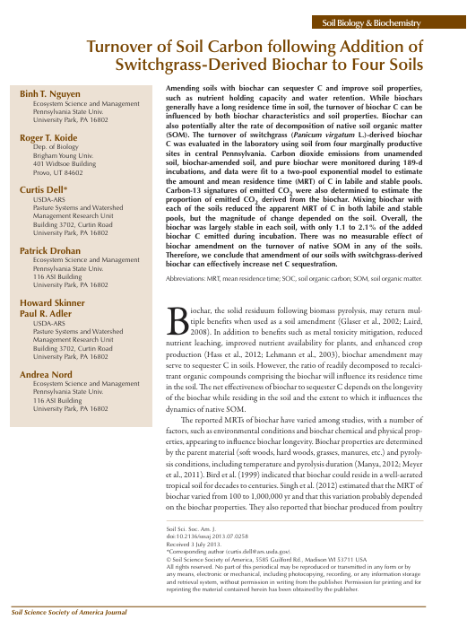 Turnover of Soil Carbon following Addition of  Switchgrass-Derived Biochar to Four Soils