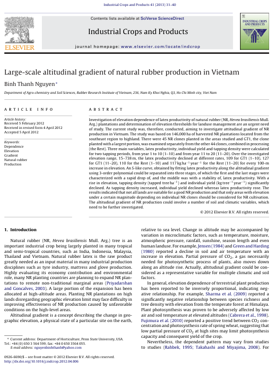 Large-scale altitudinal gradient of natural rubber production in Vietnam
