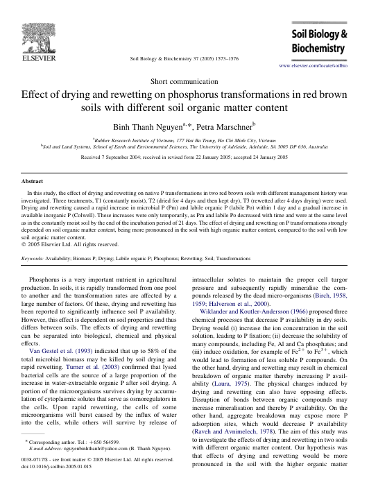 Effect of drying and rewetting on phosphorus transformations in red brown soils with different soil organic matter content
