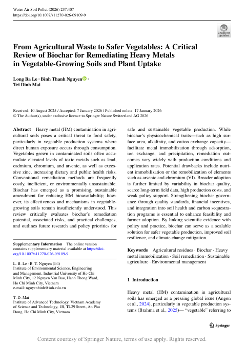 From Agricultural Waste to Safer Vegetables: A Critical Review of Biochar for Remediating Heavy Metals in Vegetable-Growing Soils and Plant Uptake