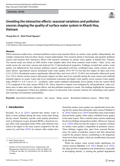 Unveiling the interactive effects: seasonal variations and pollution sources shaping the quality of surface water system in Khanh Hoa, Vietnam