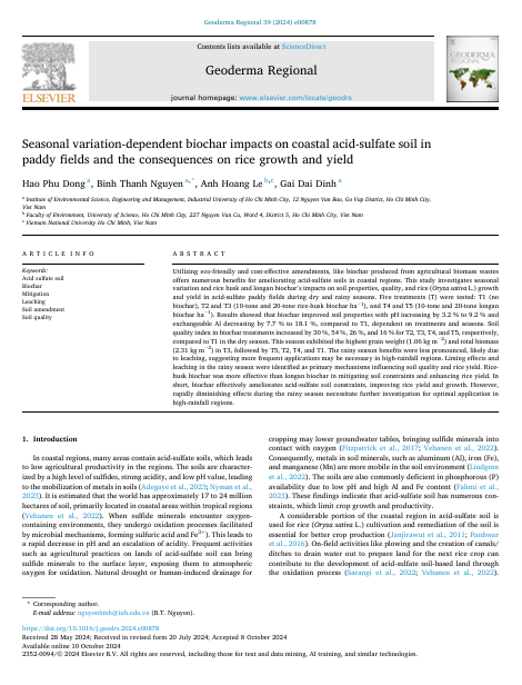 Seasonal variation-dependent biochar impacts on coastal acid-sulfate soil in paddy fields and the consequences on rice growth and yield