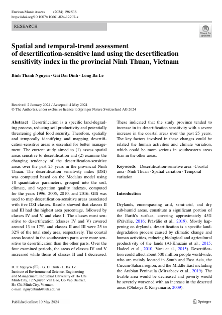 Spatial and temporal‑trend assessment of desertification‑sensitive land using the desertification sensitivity index in the provincial Ninh Thuan, Vietnam
