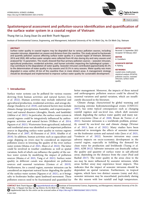 Spatiotemporal assessment and pollution-source identification and quantification of the surface water system in a coastal region of Vietnam