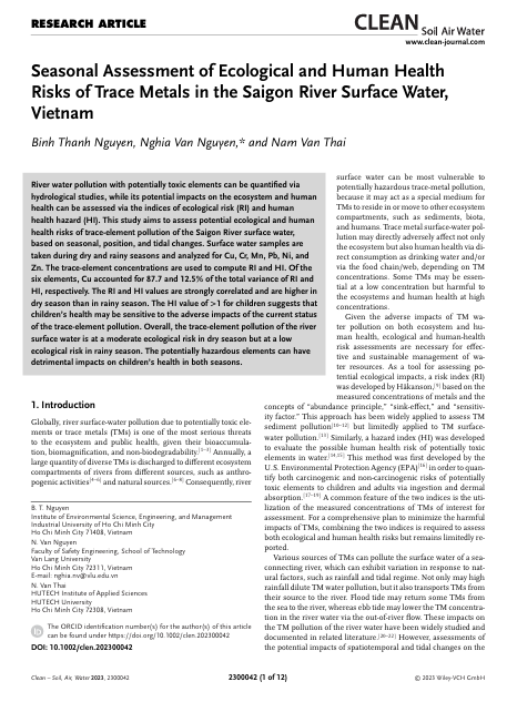 Seasonal Assessment of Ecological and Human Health Risks of Trace Metals in the Saigon River Surface Water, Vietnam