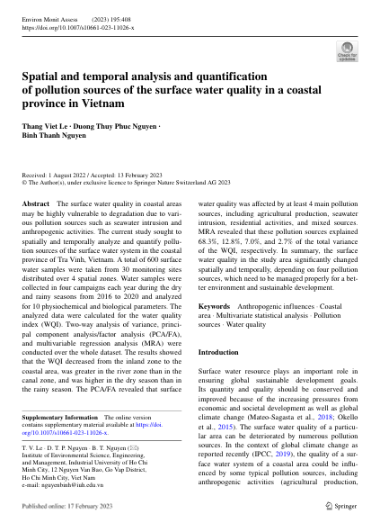 Spatial and temporal analysis and quantification of pollution sources of the surface water quality in a coastal  province in Vietnam