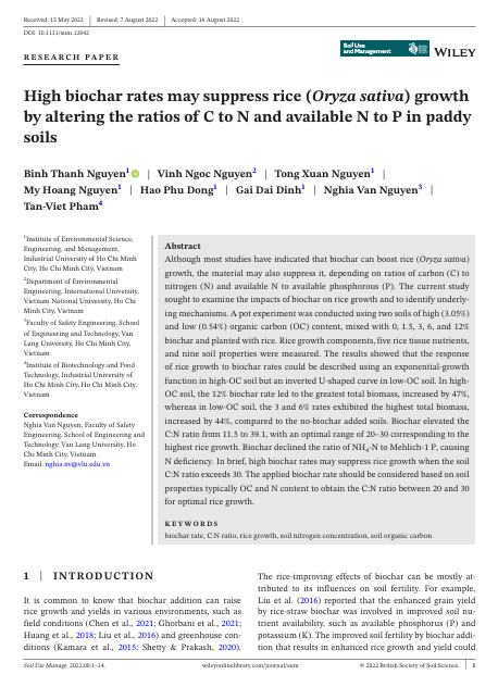 High biochar rates may suppress rice (Oryza sativa) growth  by altering the ratios of C to N and available N to P in paddy soils