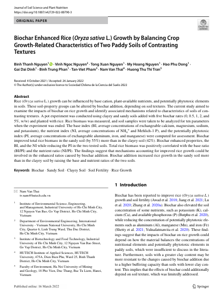 Biochar Enhanced Rice (Oryza sativa L.) Growth by Balancing Crop Growth-Related Characteristics of Two Paddy Soils of Contrasting Textures