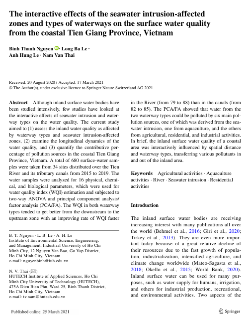 The interactive effects of the seawater intrusion‑affected zones and types of waterways on the surface water quality from the coastal Tien Giang Province, Vietnam