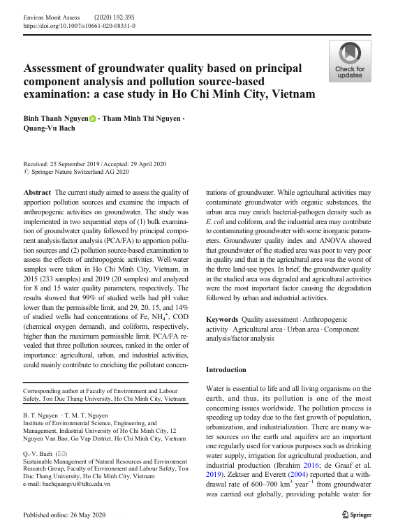 Assessment of groundwater quality based on principal component analysis and pollution source-based examination: a case study in Ho Chi Minh City, Vietnam