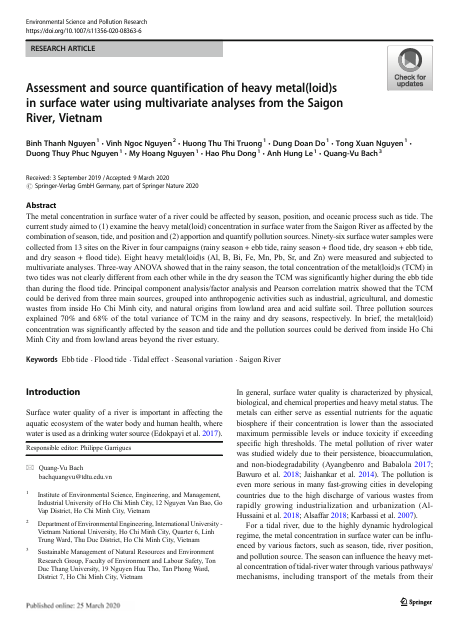 Assessment and source quantification of heavy metal(loid)s in surface water using multivariate analyses from the Saigon River, Vietnam