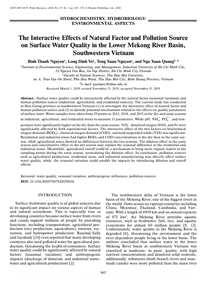 The Interactive Effects of Natural Factor and Pollution Source on Surface Water Quality in the Lower Mekong River Basin, Southwestern Vietnam