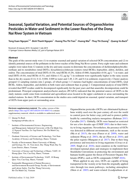 Seasonal, Spatial Variation, and Potential Sources of Organochlorine Pesticides in Water and Sediment in the Lower Reaches of the Dong Nai River System in Vietnam
