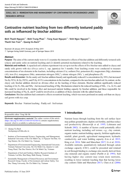 Contrastive nutrient leaching from two differently textured paddy soils as influenced by biochar addition