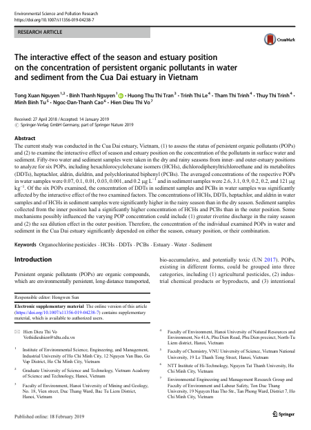 The interactive effect of the season and estuary position on the concentration of persistent organic pollutants in water and sediment from the Cua Dai estuary in Vietnam