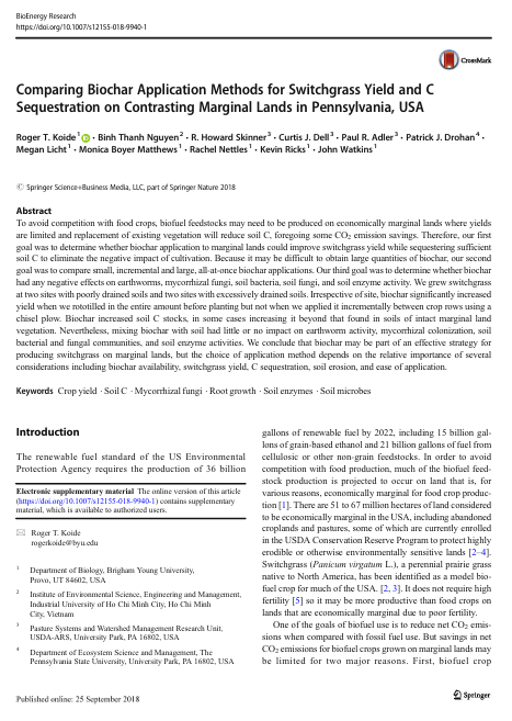 Comparing Biochar Application Methods for Switchgrass Yield and C Sequestration on Contrasting Marginal Lands in Pennsylvania, USA