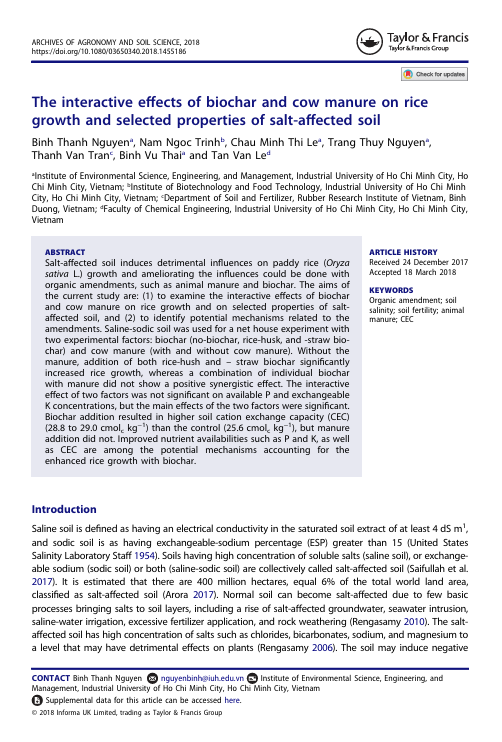 The interactive effects of biochar and cow manure on rice growth and selected properties of salt affected soil