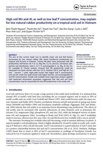 High soil Mn and Al, as well as low leaf P concentration, may explain for low natural rubber productivity on a tropical acid soil in Vietnam