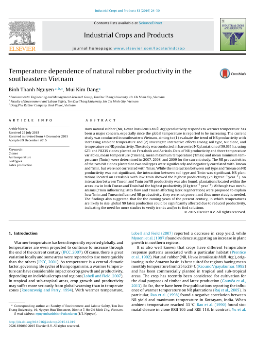 Temperature dependence of natural rubber productivity in the southeastern Vietnam